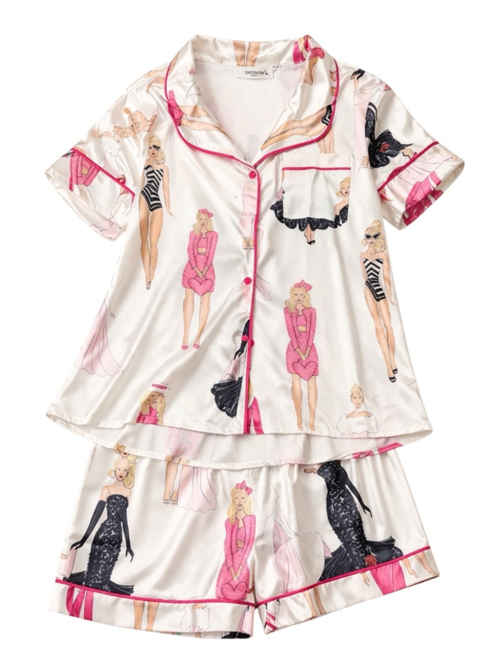 Barbie Inspired Satin Pajama Set Pink Sleepwear Button Up Shorts Set Size M NWT - Picture 2 of 4